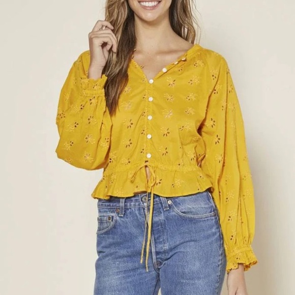 Outerknown Golden Yellow Poet Blouse Button Front Waist Tie Eyelet Small - Picture 1 of 4